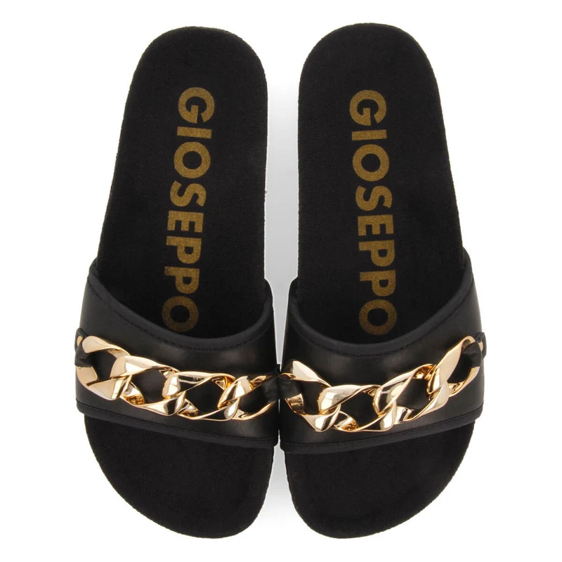 Carlinda black footbed slide sandals with decorative chain