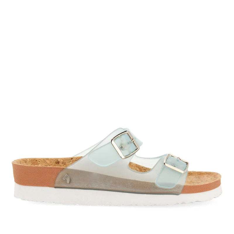 Acalaca women's see-through turquoise footbed sandals with buckles