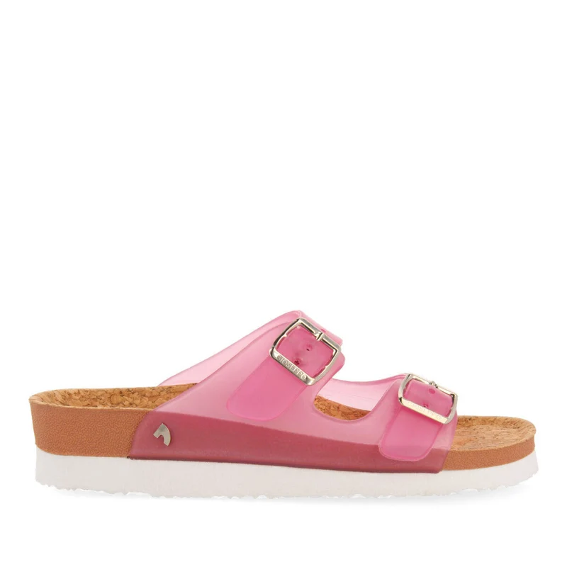 Acalaca women's see-through fuchsia footbed sandals with buckles