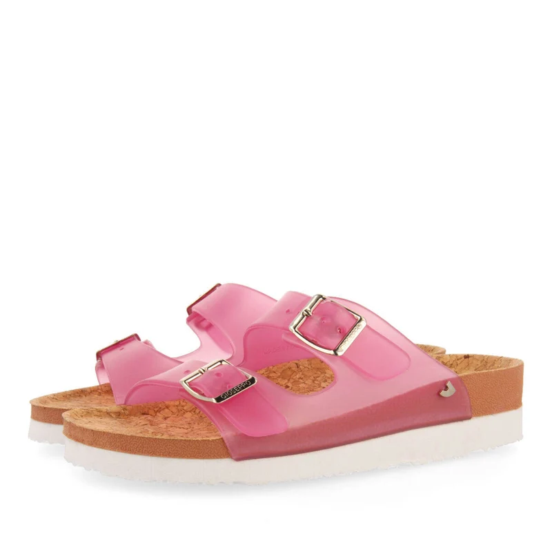 Acalaca women's see-through fuchsia footbed sandals with buckles
