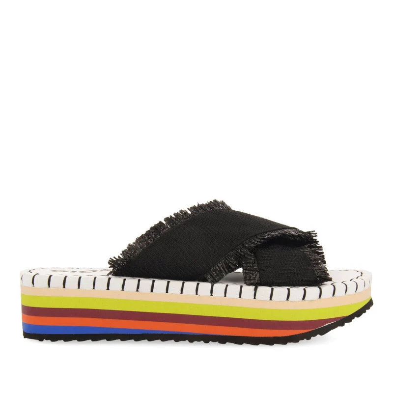 Terena women's black beach sandals with multicoloured soles