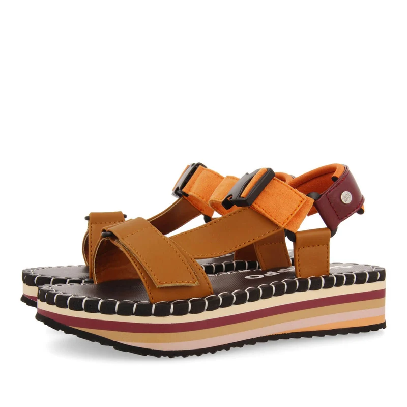 Sopretan women's beige sandals with multicoloured soles and crossover straps