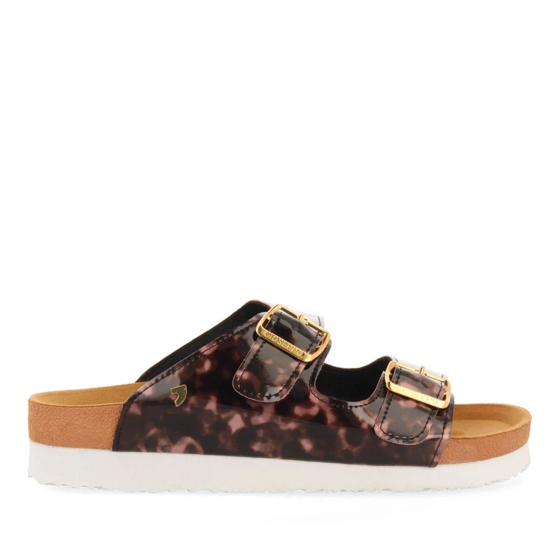 Jayapura women's pink and black tortoiseshell footbed sandals with buckles