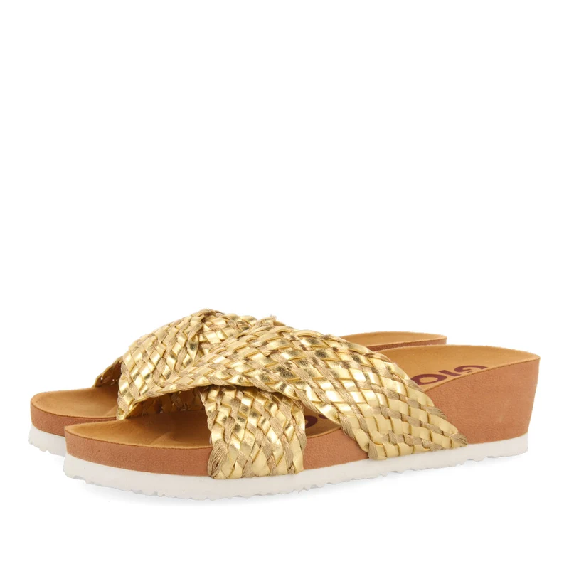 Turiacu women's footbed wedges with gold braided straps
