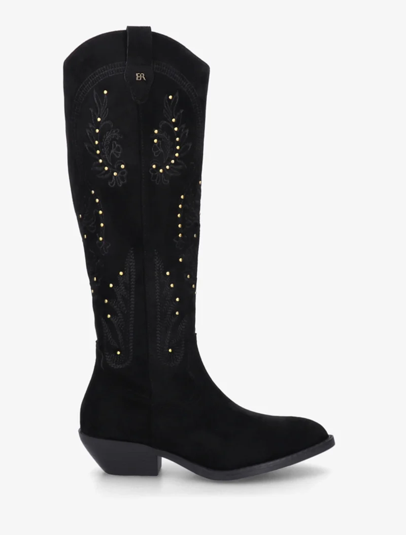 Bottes en suédine style santiags à clous - Noir