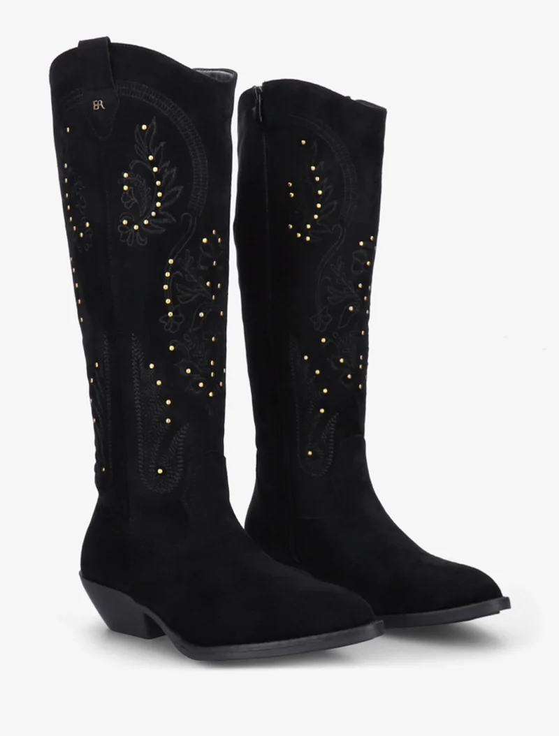 Bottes en suédine style santiags à clous - Noir