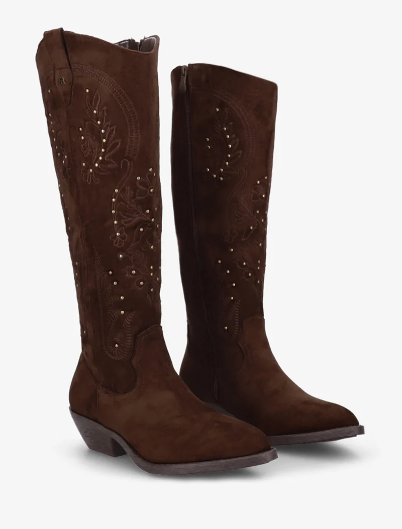 Bottes en suédine style santiags à clous - Marron