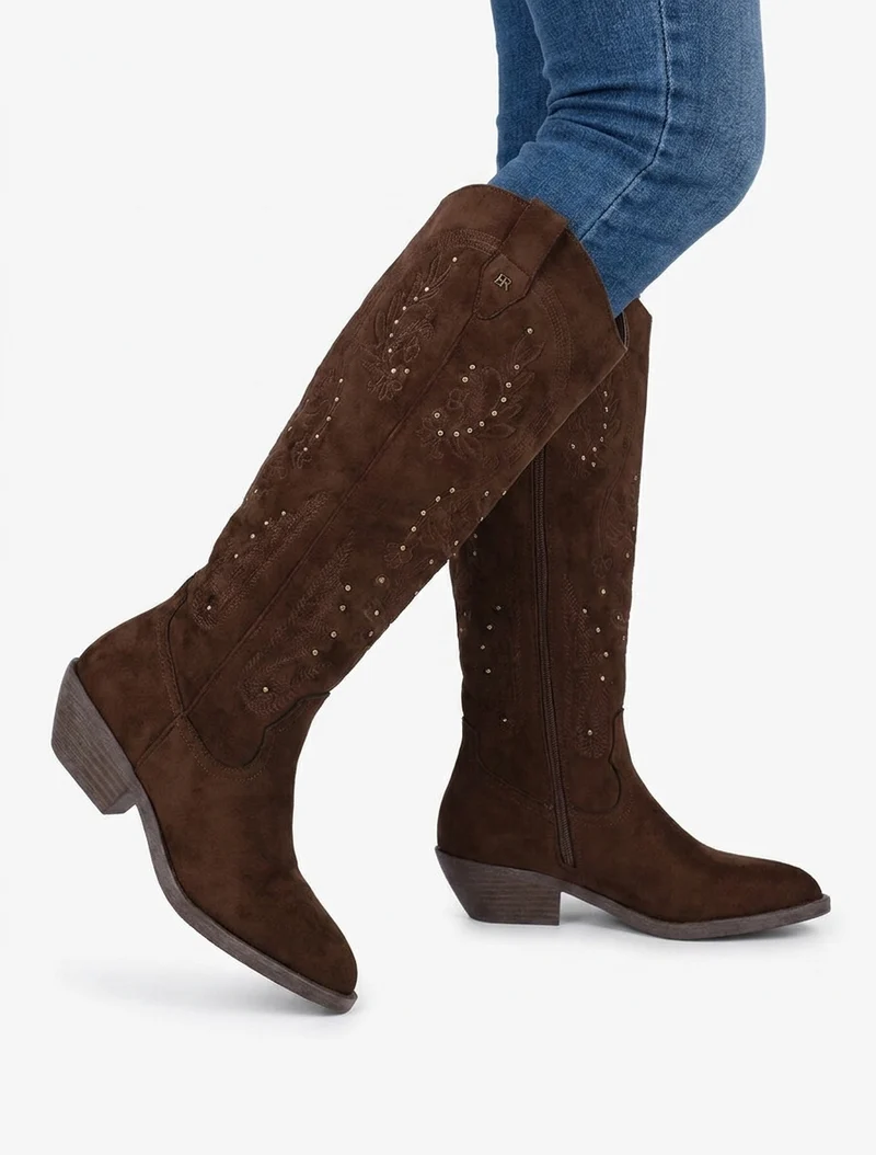 Bottes en suédine style santiags à clous - Marron