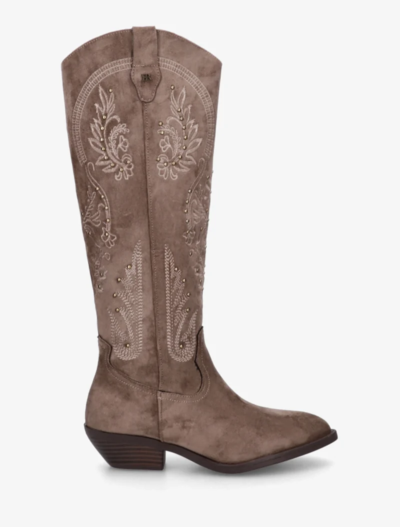Bottes en suédine style santiags à clous - Taupe