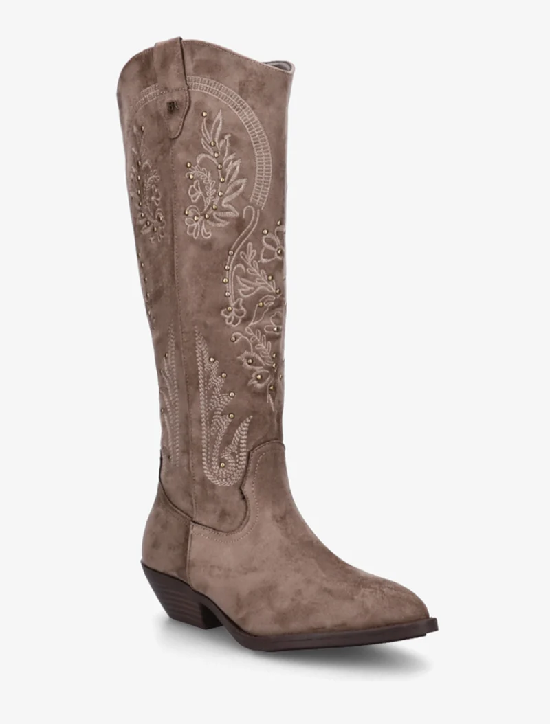 Bottes en suédine style santiags à clous - Taupe