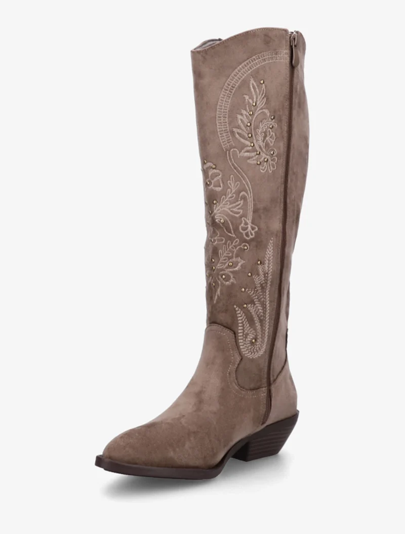 Bottes en suédine style santiags à clous - Taupe