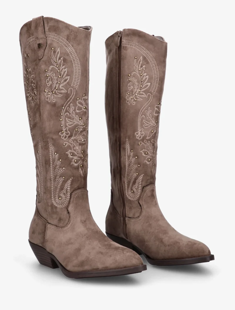 Bottes en suédine style santiags à clous - Taupe