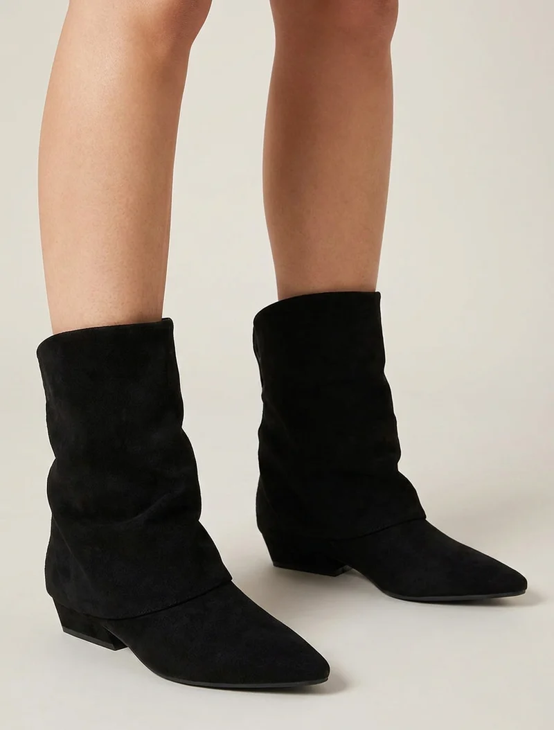 Bottines en suédine effet froncé à bouts pointus - Noir
