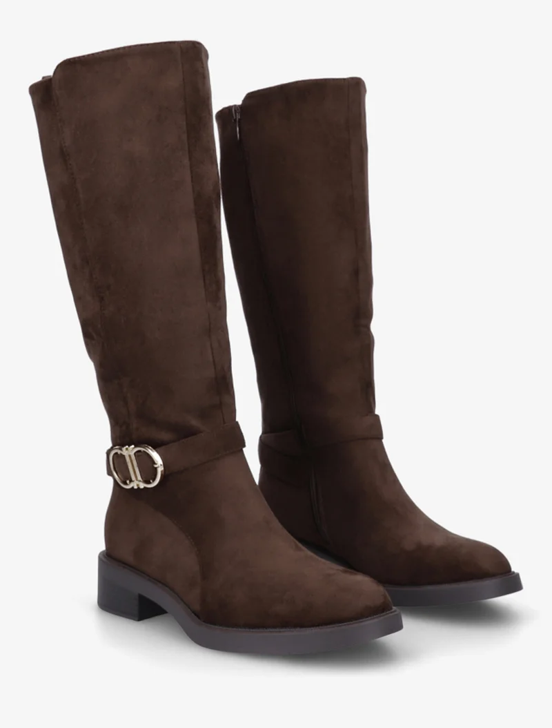Bottes en suédine à boucle et bouts ronds - Chocolat