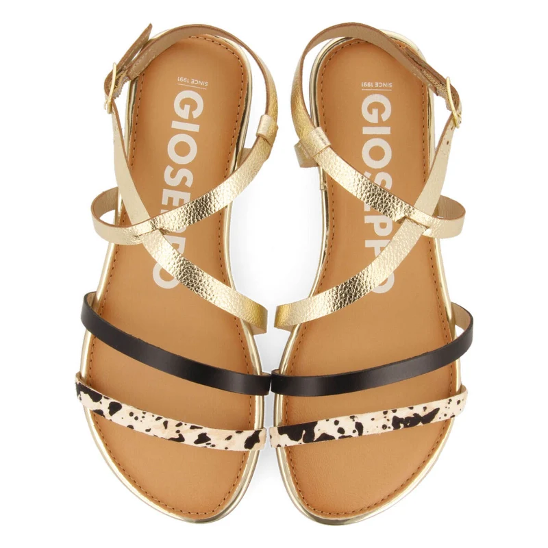 Megara women's sandals with gold straps and cow print