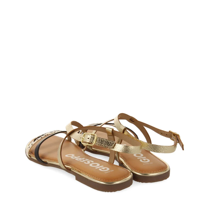 Megara women's sandals with gold straps and cow print