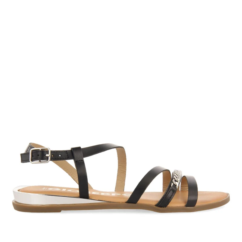 Mazion women's black sandals with straps and decorative chain