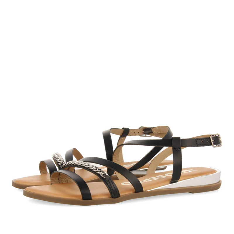 Mazion women's black sandals with straps and decorative chain