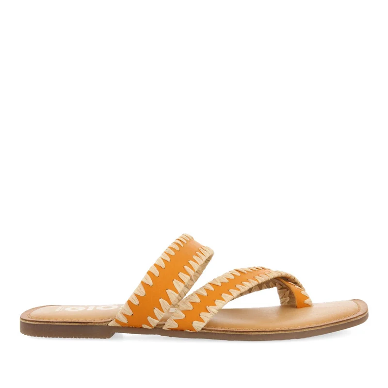 Goias women's orange leather sandals with decorative raffia stitching