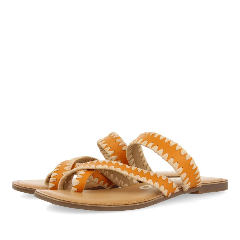 Goias women's orange leather sandals with decorative raffia stitching