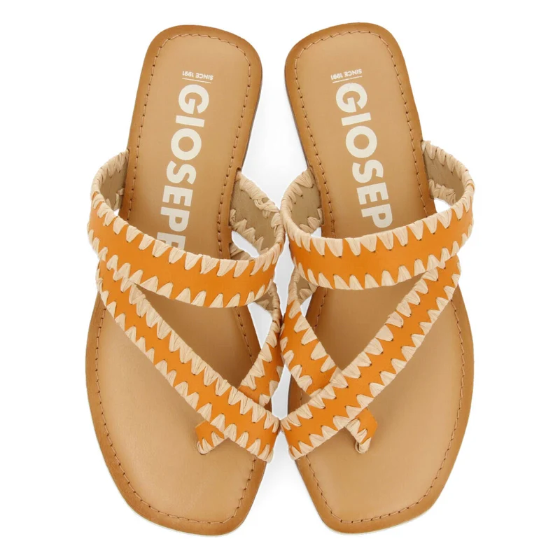 Goias women's orange leather sandals with decorative raffia stitching