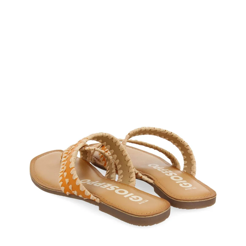 Goias women's orange leather sandals with decorative raffia stitching