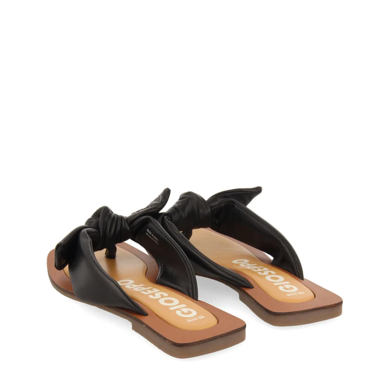 Acucena women's black leather sandals with decorative knots