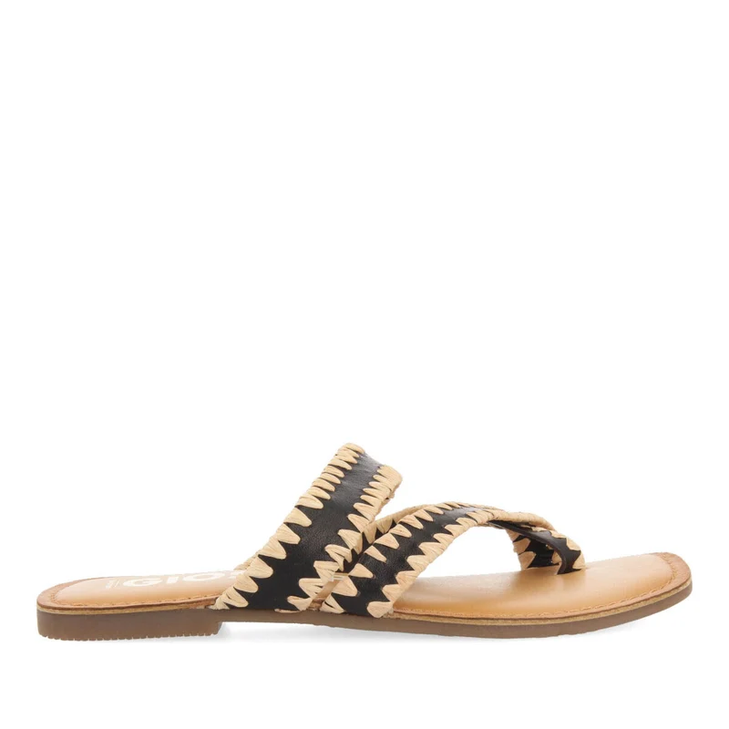 Goias women's black leather sandals with decorative raffia stitching