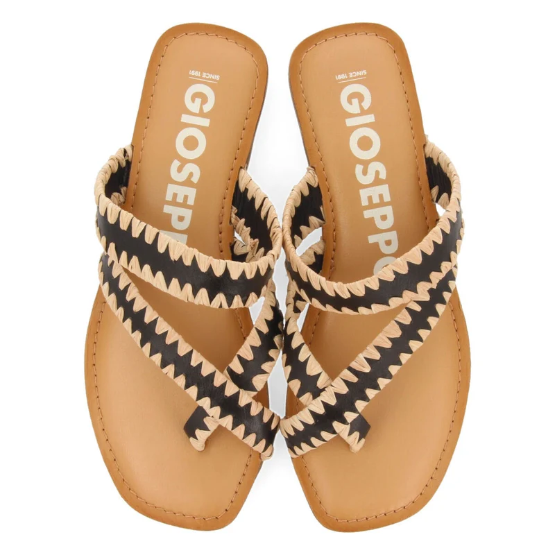 Goias women's black leather sandals with decorative raffia stitching