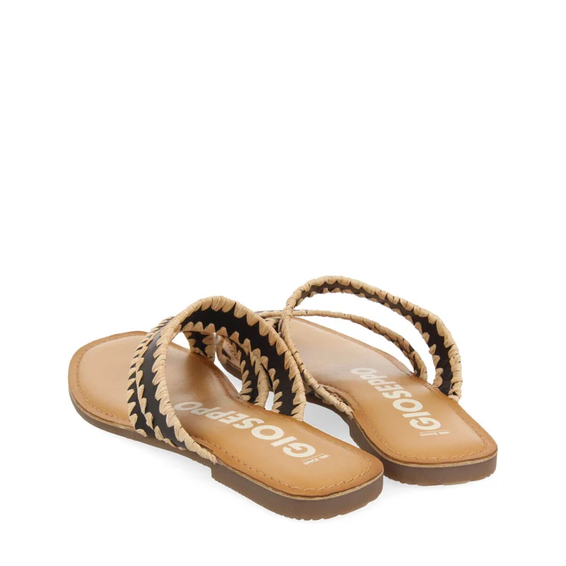 Goias women's black leather sandals with decorative raffia stitching
