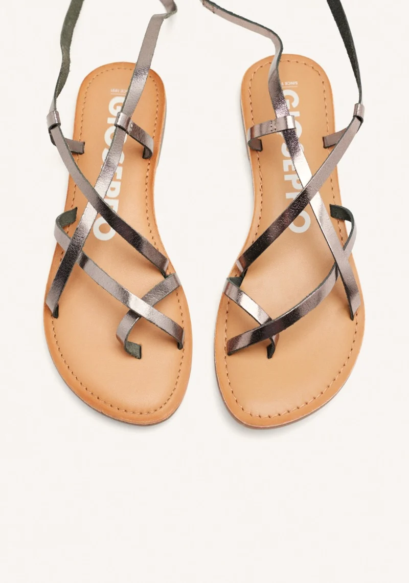 Lussat sandals with thin dark silver straps to tie around the leg