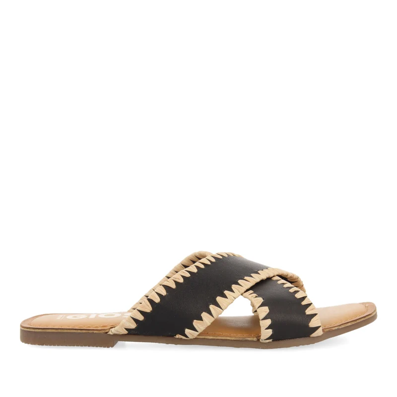 Assu women's black leather sandals with raffia stitching