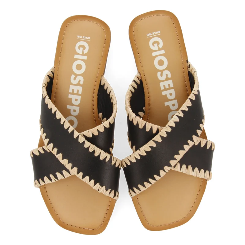 Assu women's black leather sandals with raffia stitching