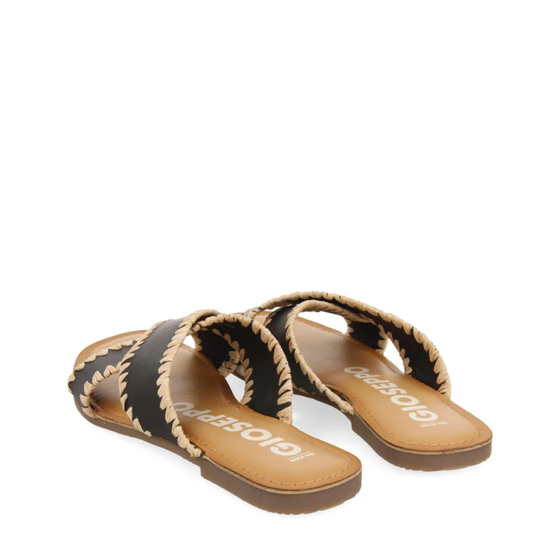 Assu women's black leather sandals with raffia stitching