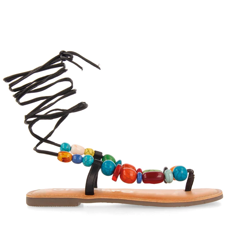 Challex women's black leather sandals with decorative multicoloured beads