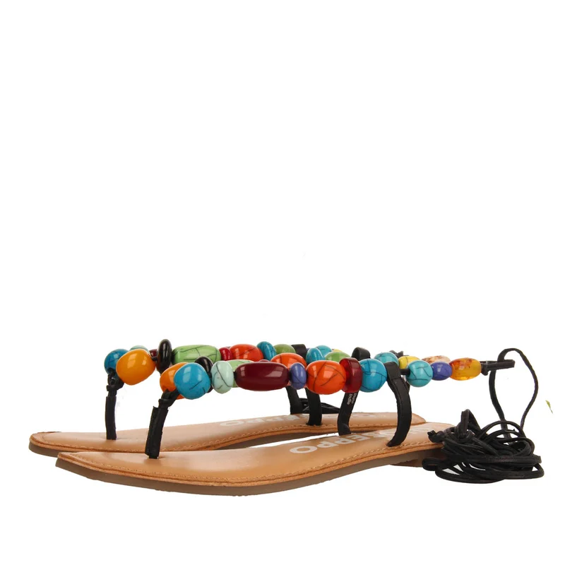 Challex women's black leather sandals with decorative multicoloured beads