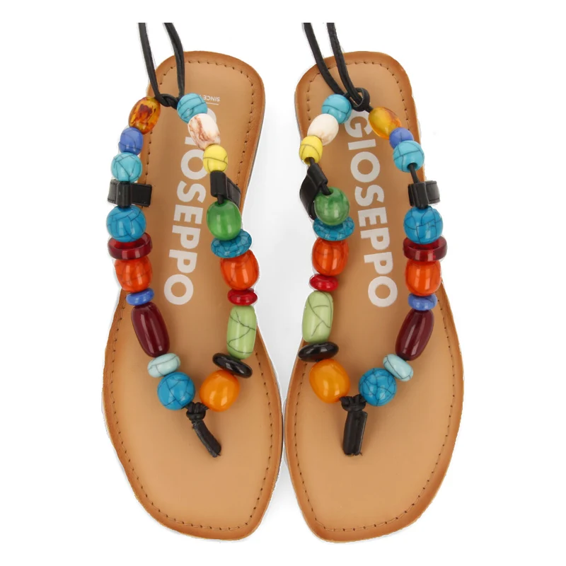 Challex women's black leather sandals with decorative multicoloured beads