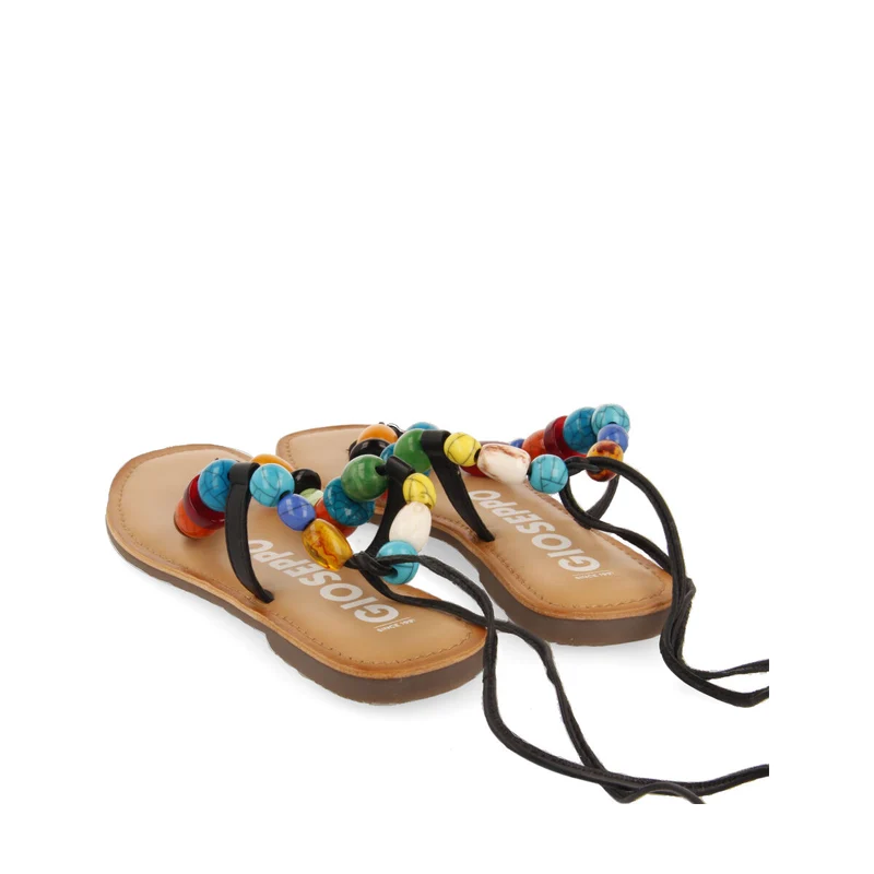 Challex women's black leather sandals with decorative multicoloured beads