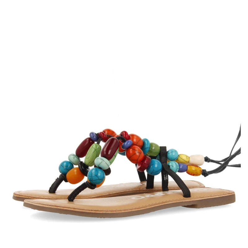 Challex women's black leather sandals with decorative multicoloured beads