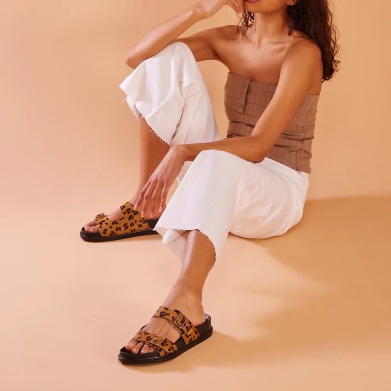 Moema women's footbed sandals with buckles and animal print