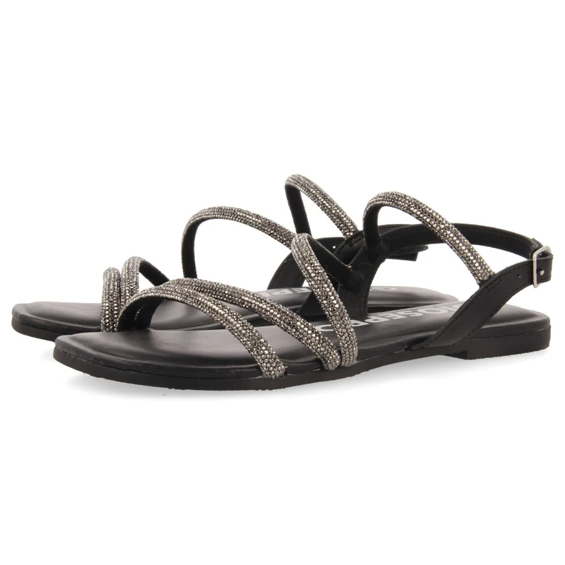 Jeceaba women's black sandals with crystal straps