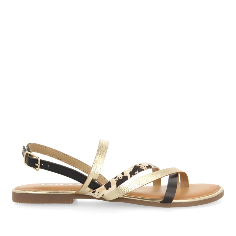 Aracu women's sandals with gold straps and cow print