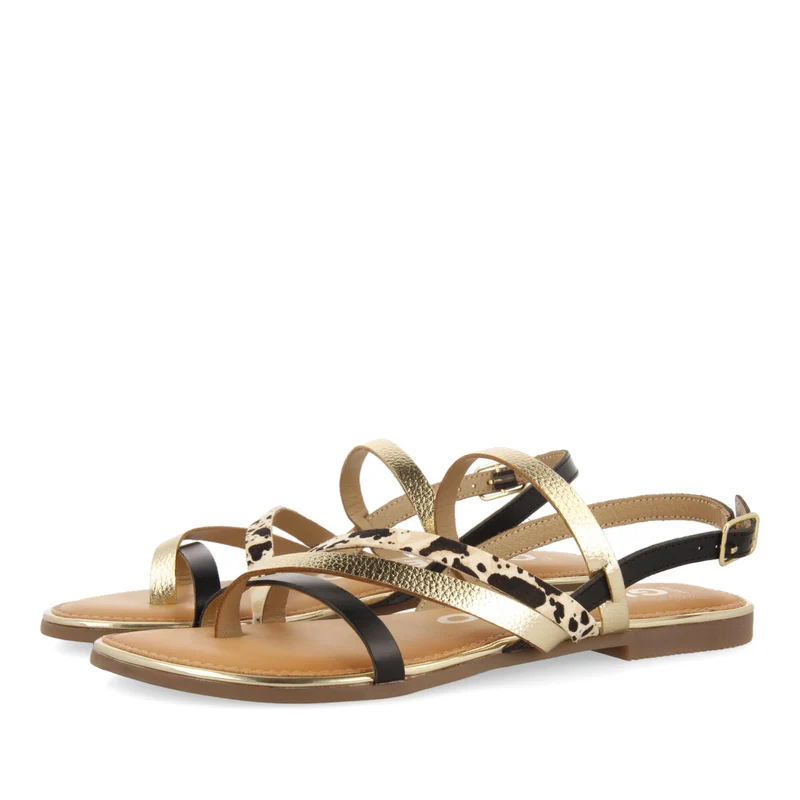 Aracu women's sandals with gold straps and cow print