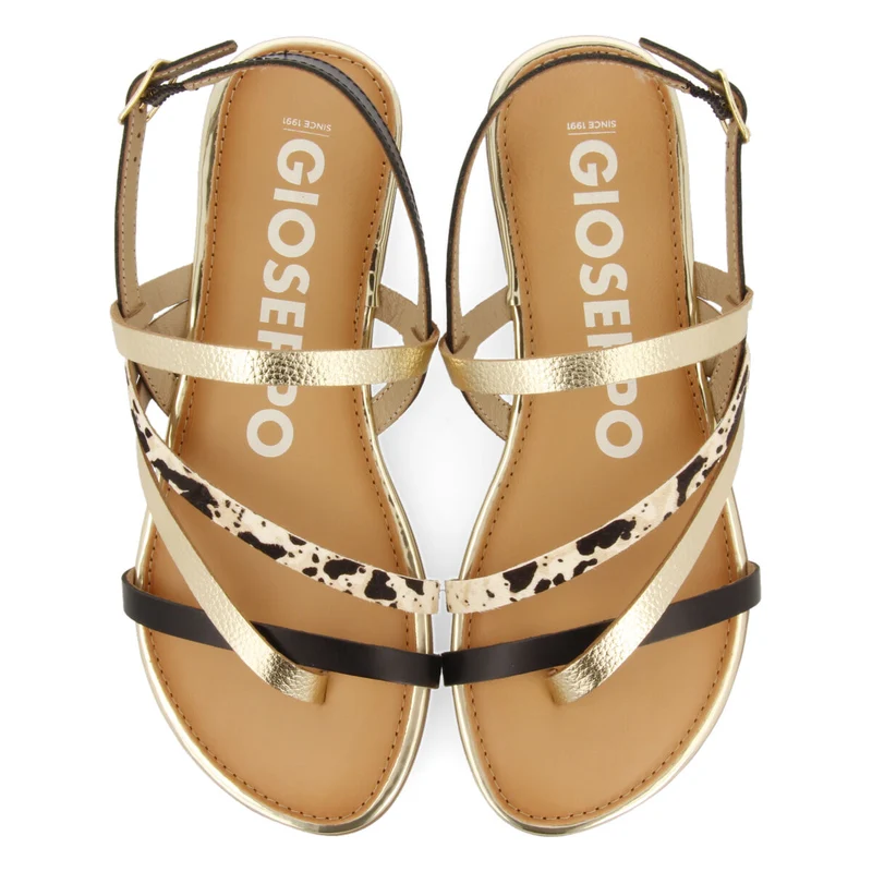 Aracu women's sandals with gold straps and cow print