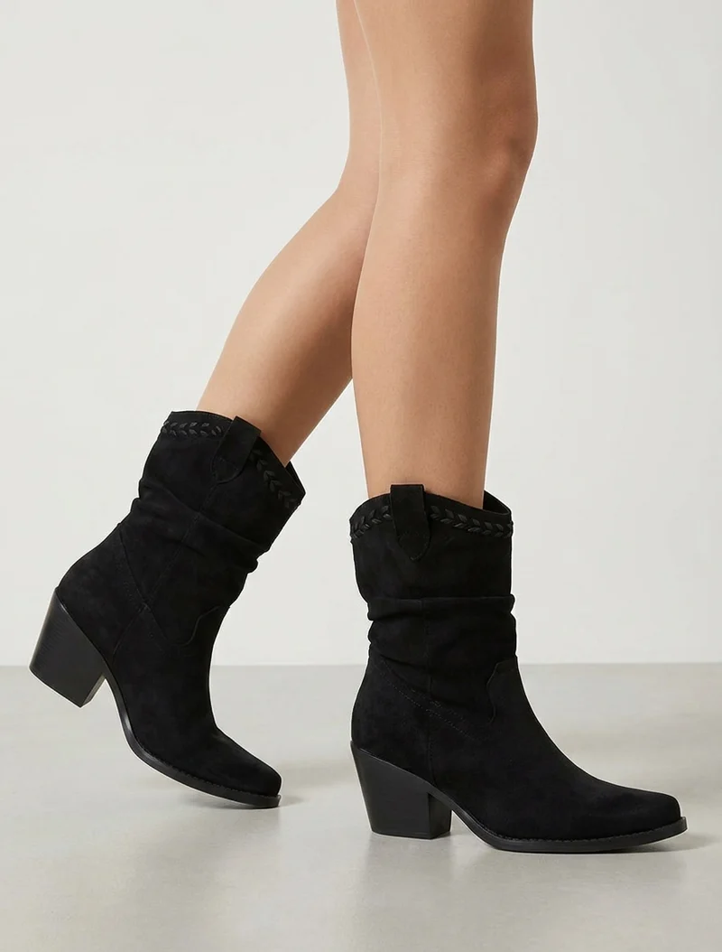 Bottines plissées en suédine - Noir