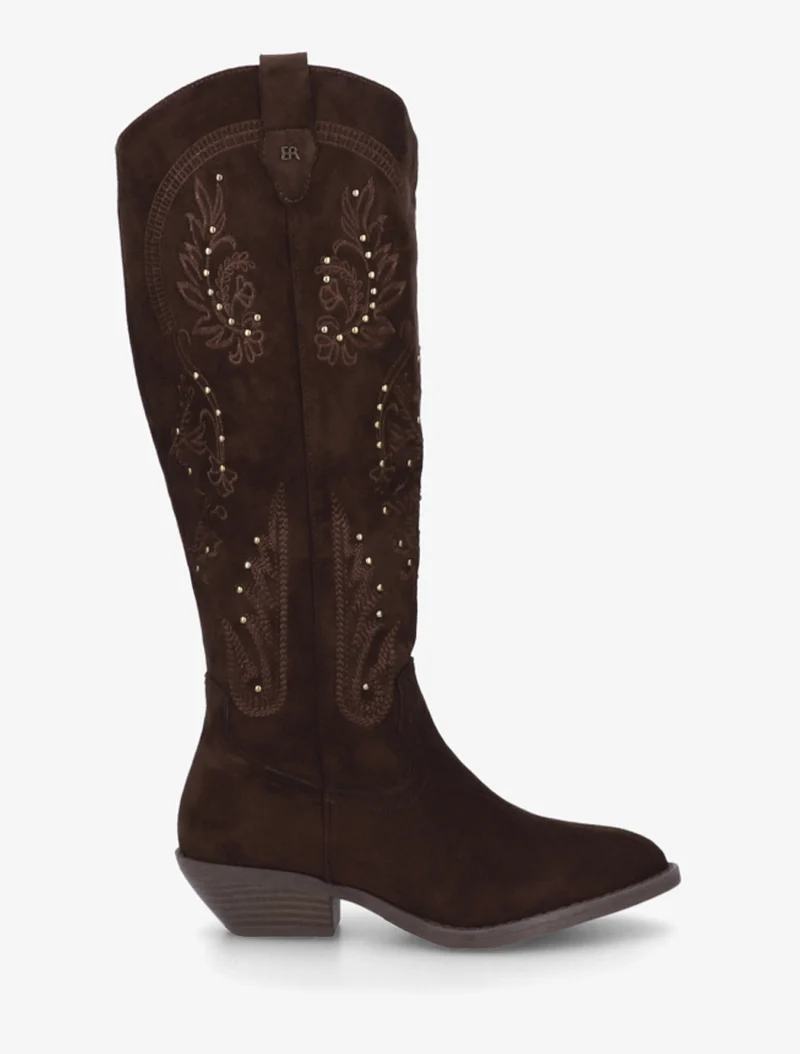 Bottes en suédine style santiags à clous - Chocolat