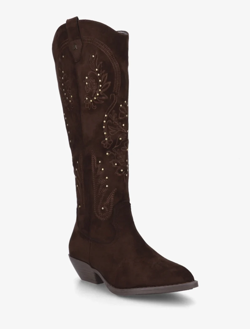 Bottes en suédine style santiags à clous - Chocolat
