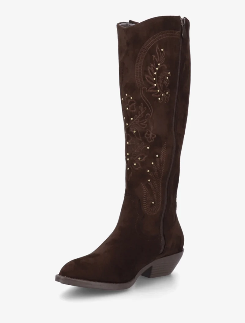 Bottes en suédine style santiags à clous - Chocolat