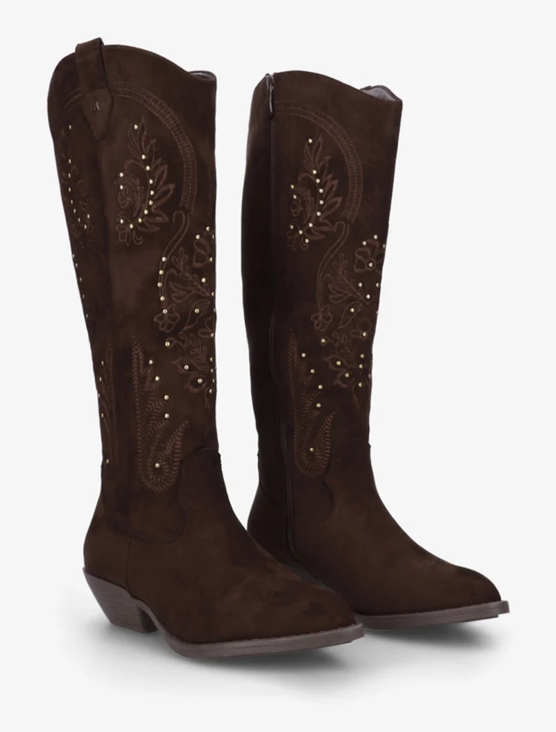 Bottes en suédine style santiags à clous - Chocolat
