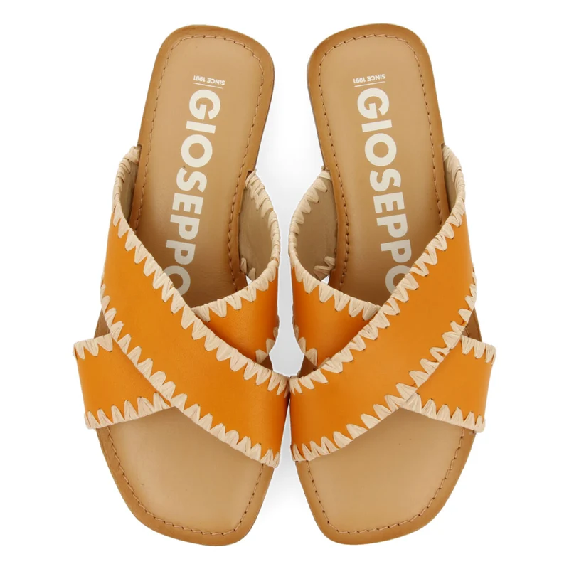 Assu women's orange leather sandals with raffia stitching